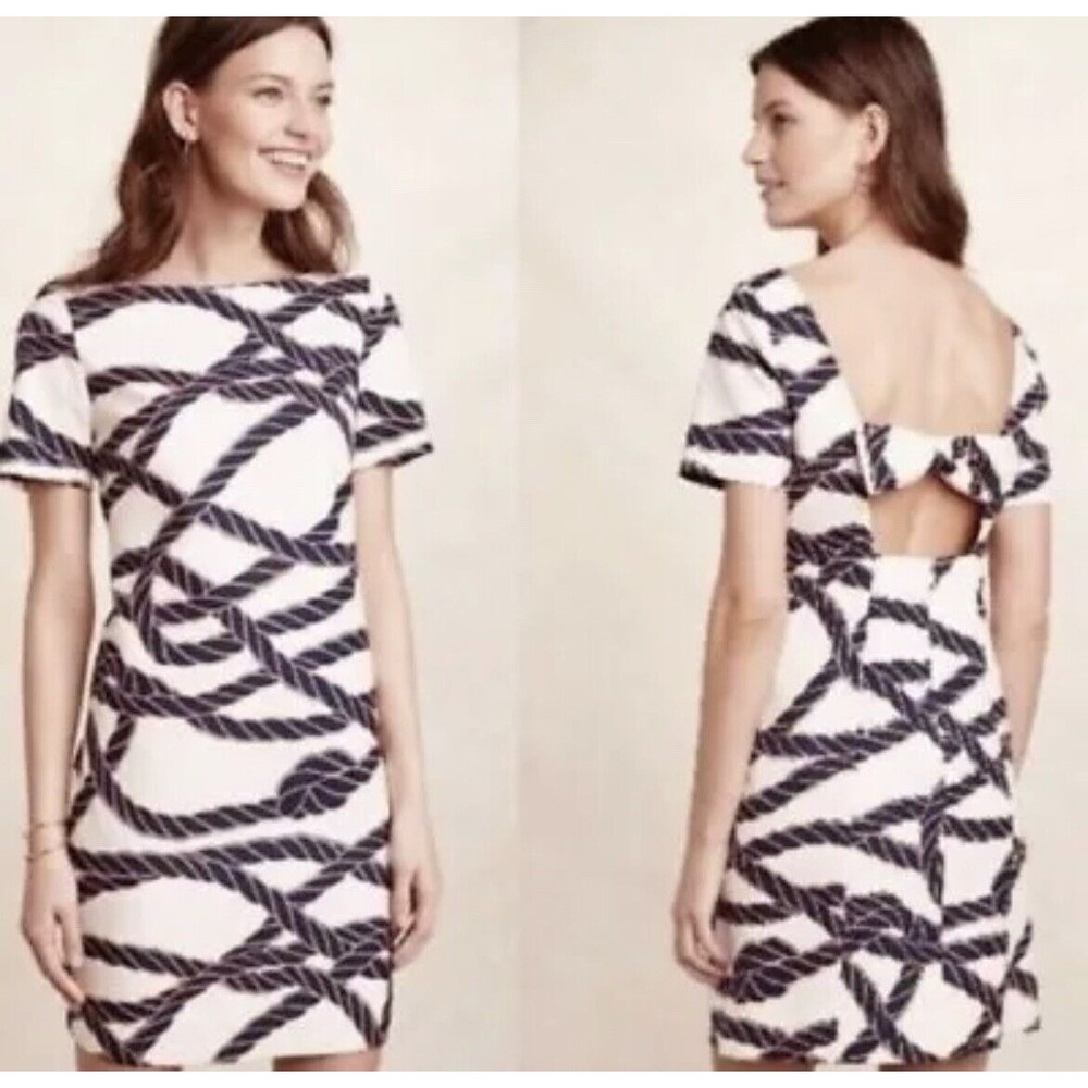 Anthropologie Maeve Women 2P Nautical Rope Bow Back Sheath Cocktail Dress Ivory
